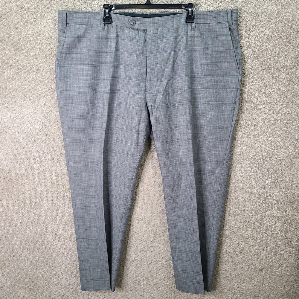 Jos A Bank Pants Mens 47 Gray Plaid Traveler Dress Wool Blend Flat Front Formal